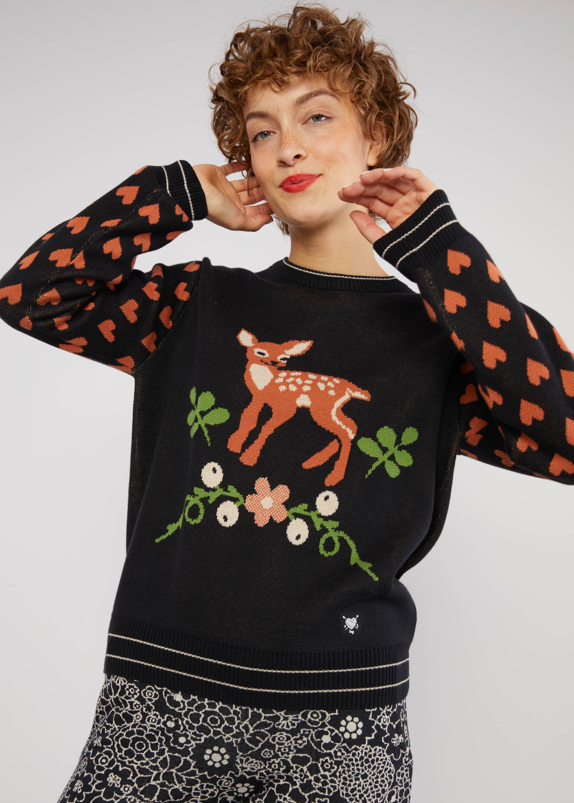 Strickpullover Cosy Storyteller, welcome to the woods, Strickpullover, Schwarz