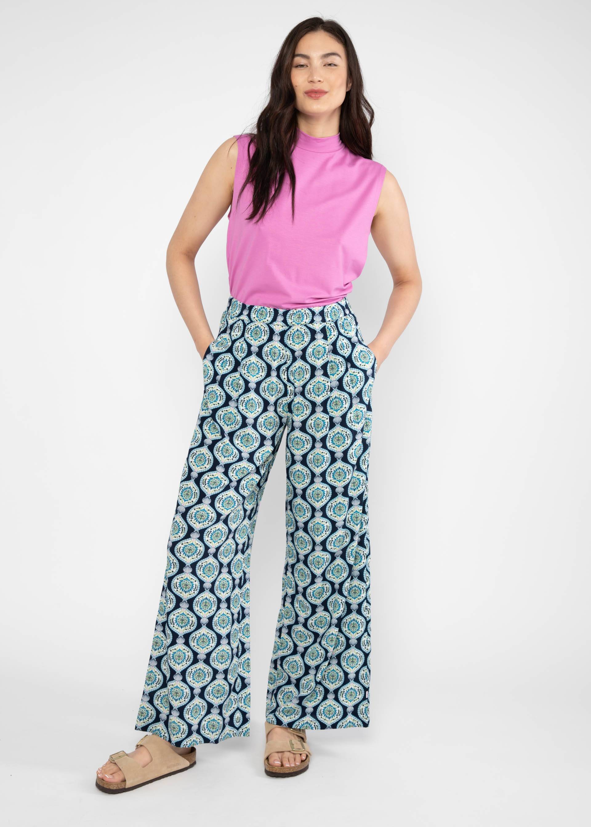 Summer Pants Breezy Palazzo, romantic shell mosaic, Trousers, Blue