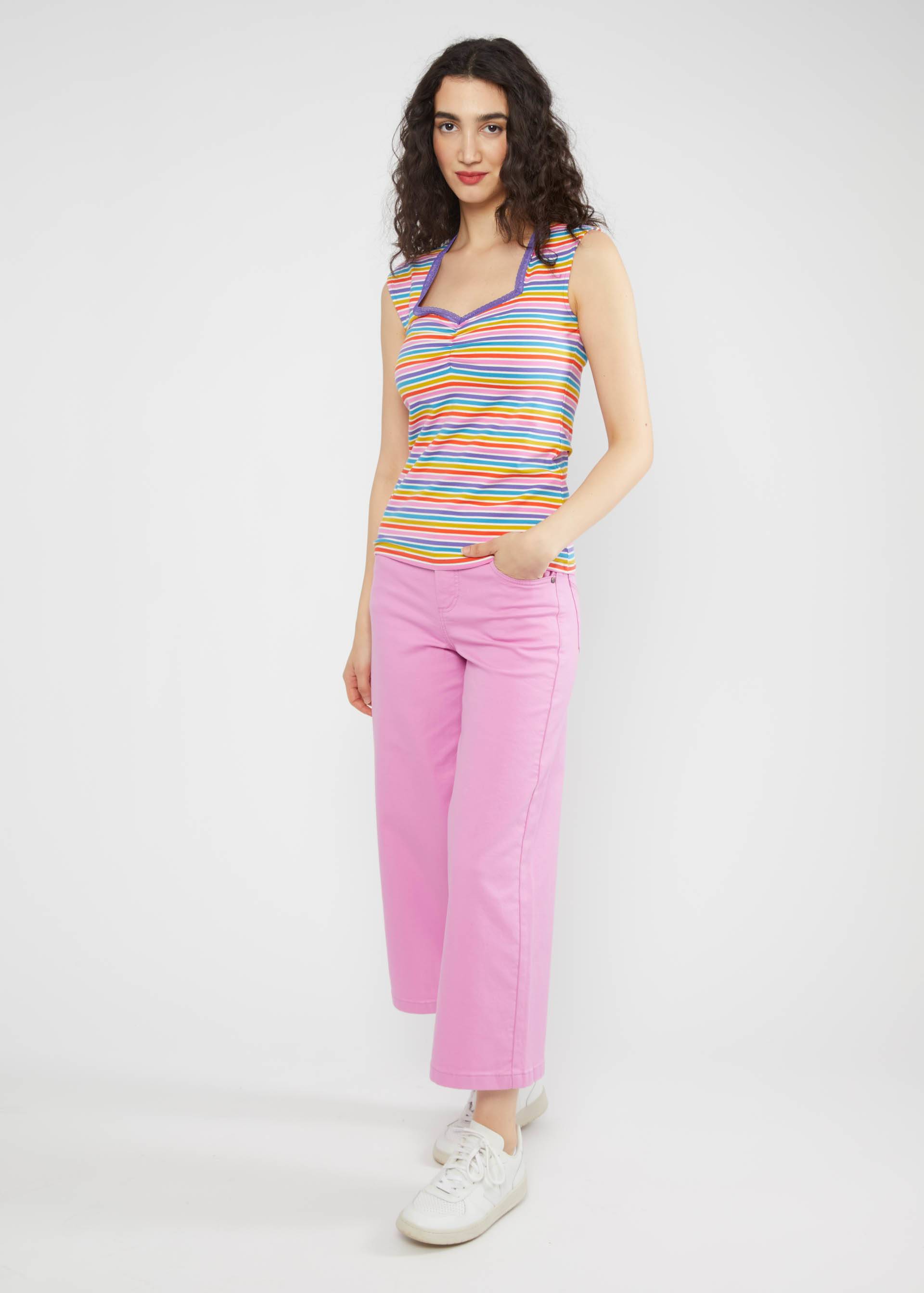 Summer top Let Romance Rule, coral rainbow stripes, Tops, Purple